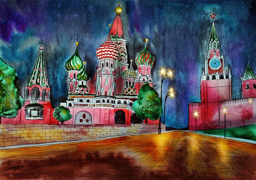 vörös tér, moszkva, a kreml, Oroszország, vízfestmény, Szent Bazil-székesegyház, főváros, építészet, ábra, showplace, építészeti emlék