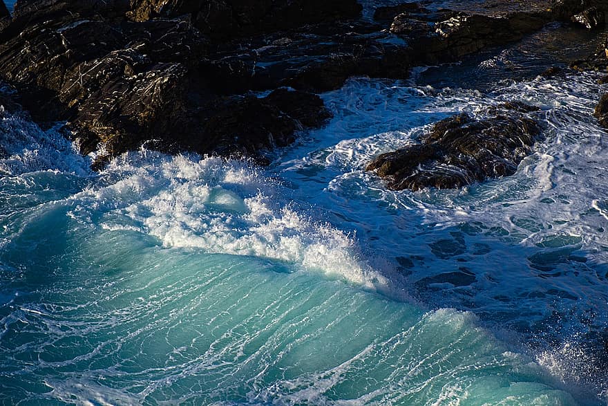 hullámok, óceán, tenger, Liguria, hullám, víz, kék, nyári, szikla, tájkép, hullámtörés