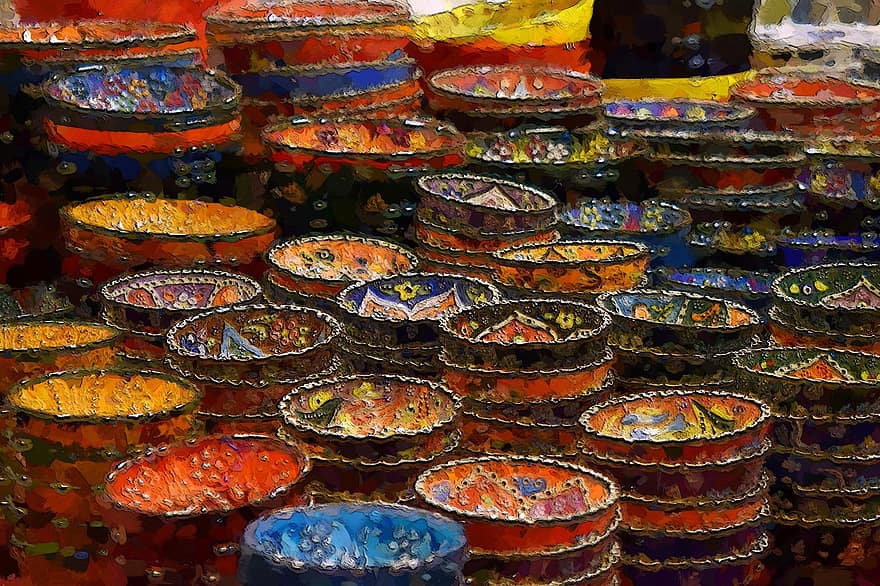 Farfurii colorate, ceramică, clasic, epocă, vechi, stil, cultural, farfurie, colorat, stradă, piaţă