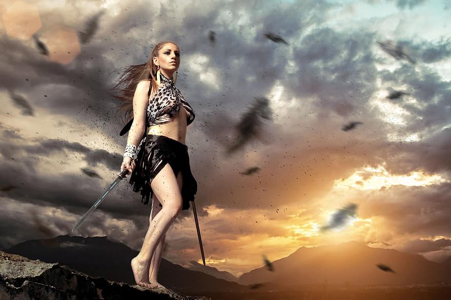 Warrior, Woman, Female, Sunset, Weapon, Girl, Warrior Woman, Fantasy, Sword, Brown Sunset