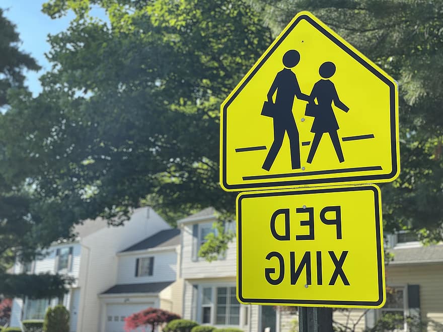 Sign, Signage, Safety, Crossing, Caution, Pedestrian, Crosswalk, Pedestrian Crossing, Street, Neighborhood, Intersection