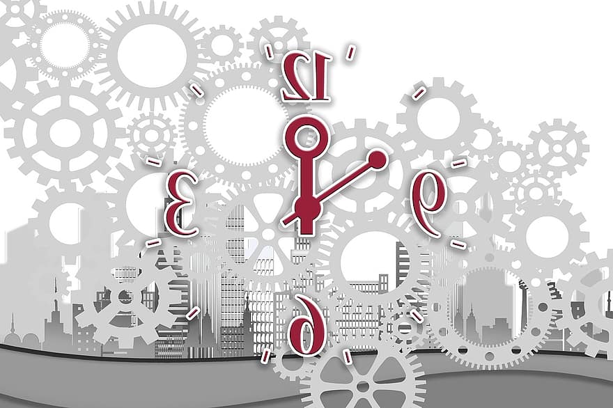 Clock, Time, Skyscrapers, City, Mechanics, Gear, Gears, Blue, Way Of Thinking, Way Of Life, Attitude To Life