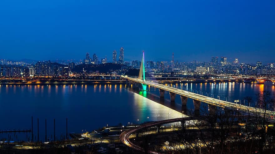 parco del cielo, sangam-dong, non sono nemmeno, Ponte dei Mondiali, vista notturna, notte, fiume Han, Vista notturna di Seul, Seoul, Corea, crepuscolo