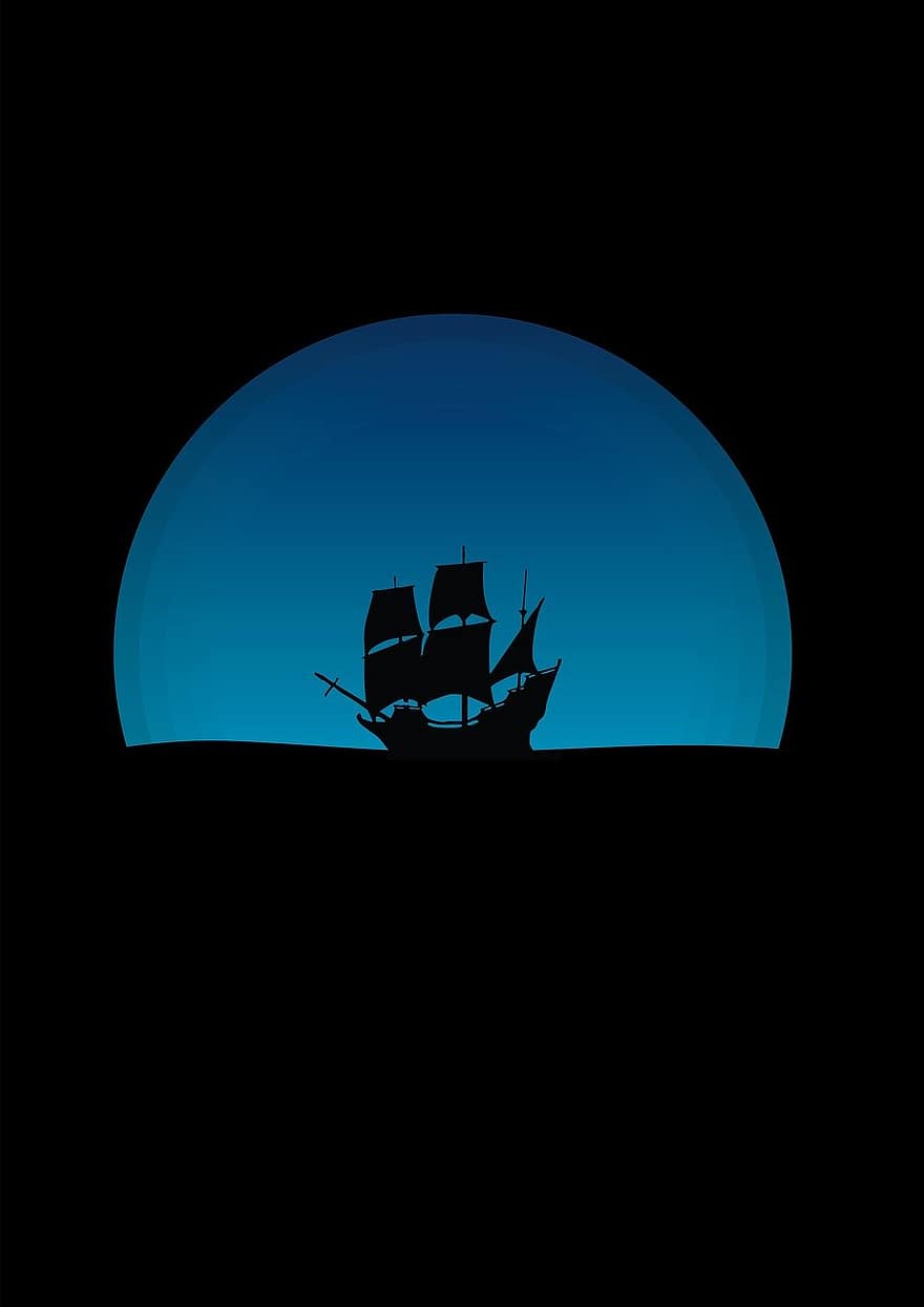 Ship, Night, Sailing, Water, Sea, Sky, Ocean, Blue, Perspective, Perspective Art, Minimalist Arts
