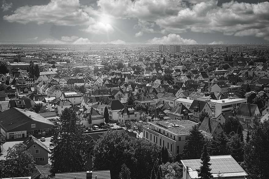 ciutat, Alemanya, edifici, heppenheim, estiu, vista general, paisatge, núvols, calenta, superior, cobertes