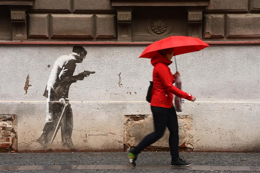 Hradec Králové, graffiti, man, vrouw, diefstal, schilderij, geweld, grap, hyperbool, rood, regen