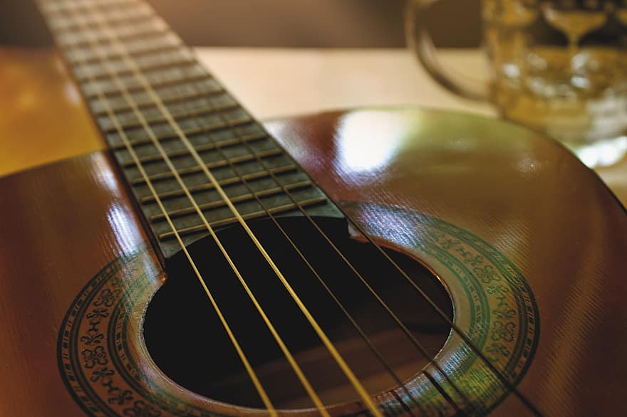 Guitar, Music, Acoustic Guitar, Vintage Guitar, Close Up, Musical Instrument, close-up, wood, string instrument, fretboard, string