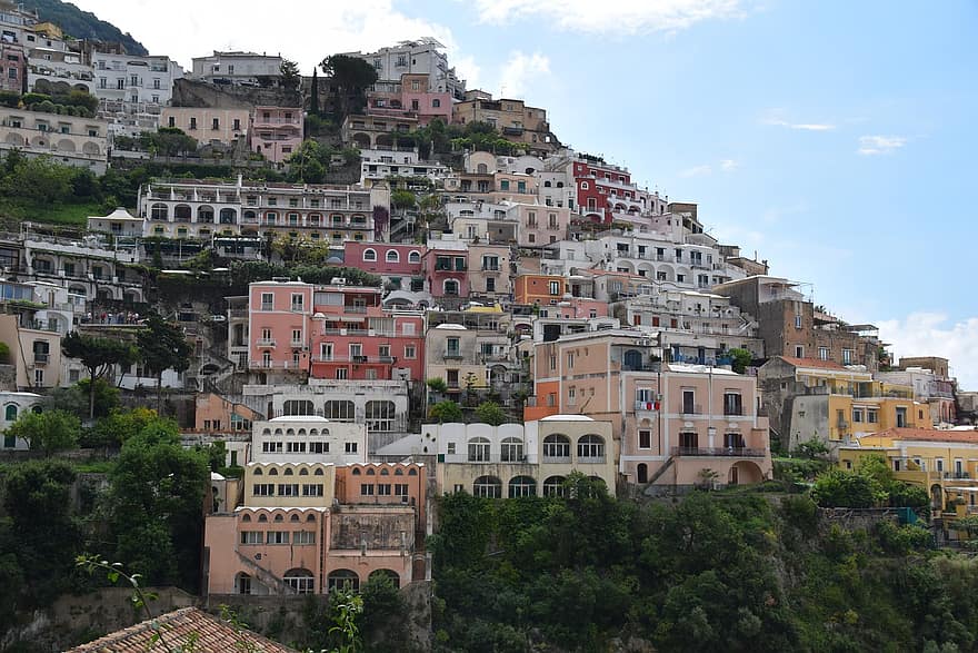 casas, edificios, colina, mar, Italia