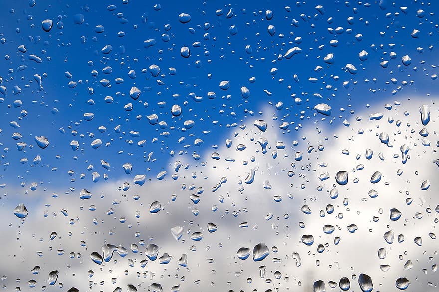 logu, stikla logu, lietus pilieni, pēc lietus, pilieni, lietus, ūdens pilieni, fona, zils, abstrakts, kritums