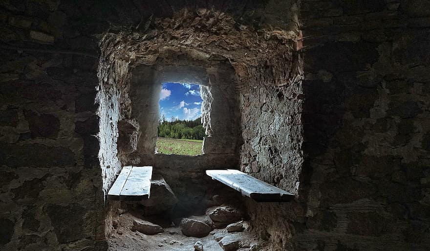 Cave, Outlook, Meadow, Ruin, old, architecture, wood, brick, window, ancient, abandoned