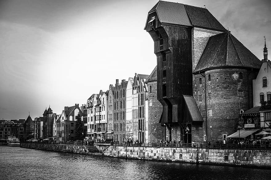 Gdańsk, kran, elv, svart og hvit, gamleby, monument, museum, historisk, landemerke, rekkehus, bygninger