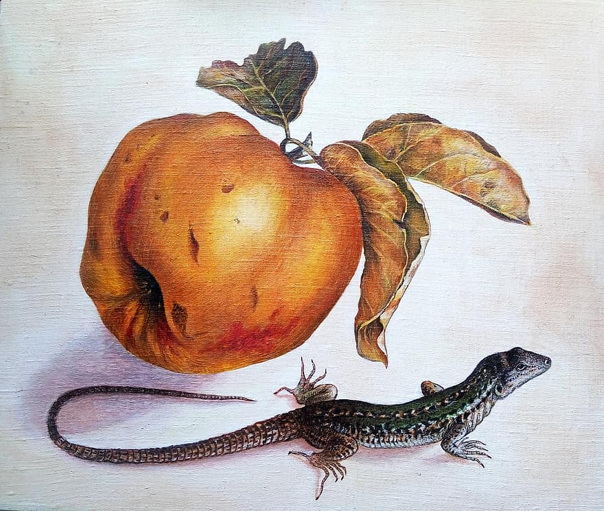una copia de, Giovanna Garzoni, acrílico, pintura, manzana, lagartija
