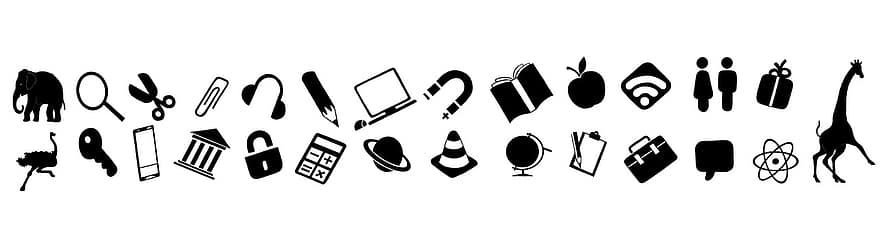 siyah beyaz, anahtar, atom, büyüteç, sırt çantası, Dünya, elma, erkek, fil, hediye paketi, Internet