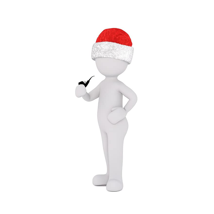 عيد الميلاد ، ذكر أبيض ، جسم كامل ، سانتا قبعة ، نموذج 3D ، الشكل ، معزول ، يضخ ، التدخين ، انبوب دخان ، التبغ