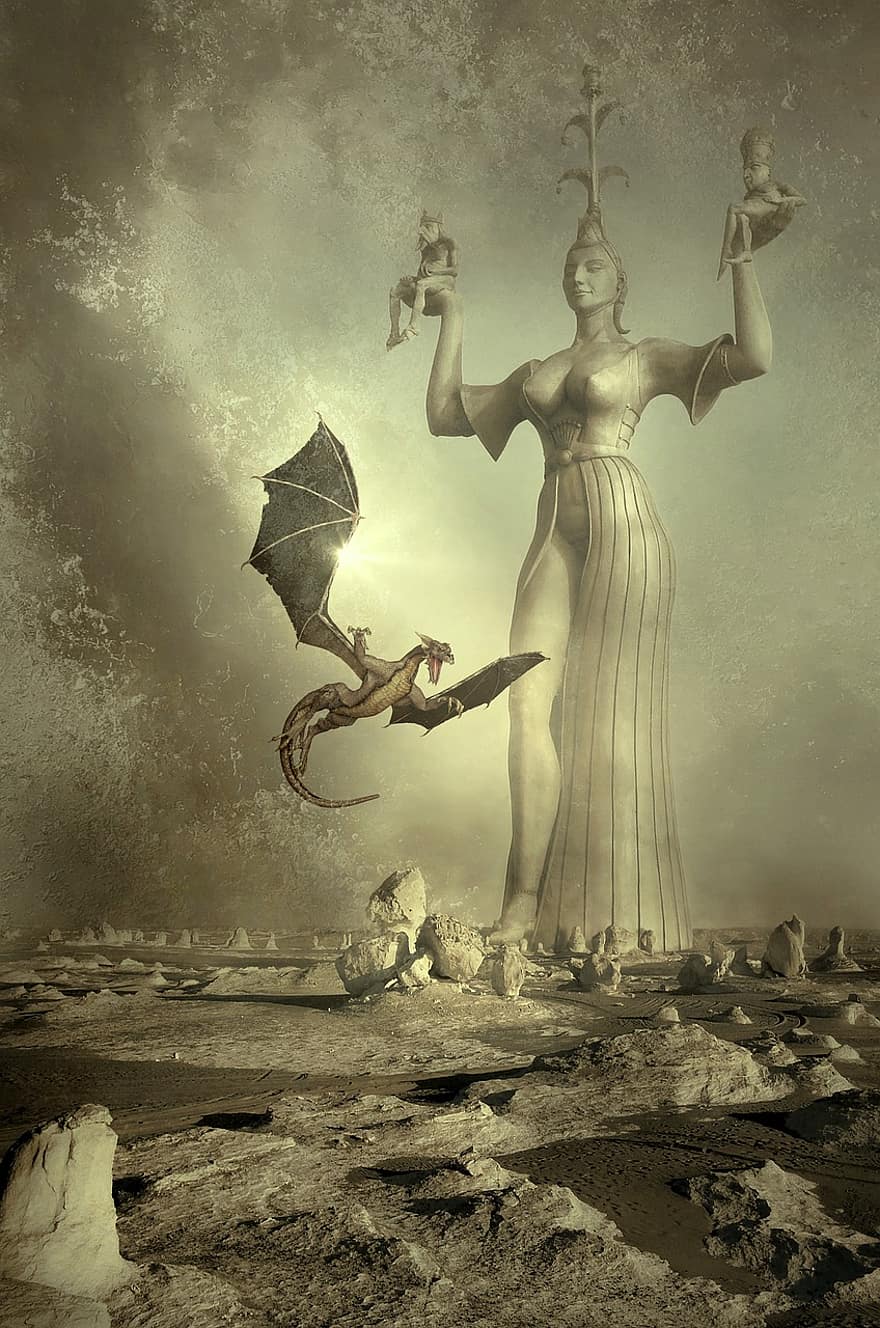 Fantasy, Book Cover, Landscape, Stone Desert, Statue, Dragons, Mystical, Mysterious, Mood, Atmosphere, Composing
