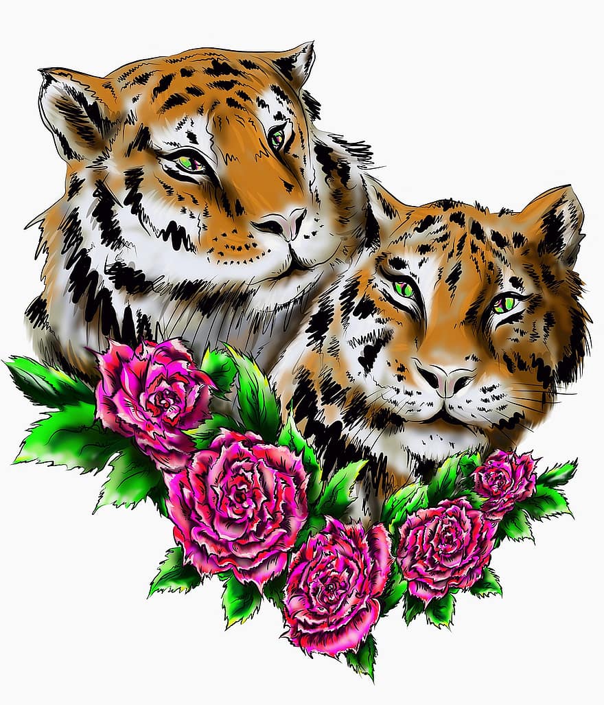 tiger, dyr, pattedyr, stor katt, vilt dyr, dyreliv, roser, kinesisk nyttår, Tigerens år, kinesisk dyrekretsen, symbol