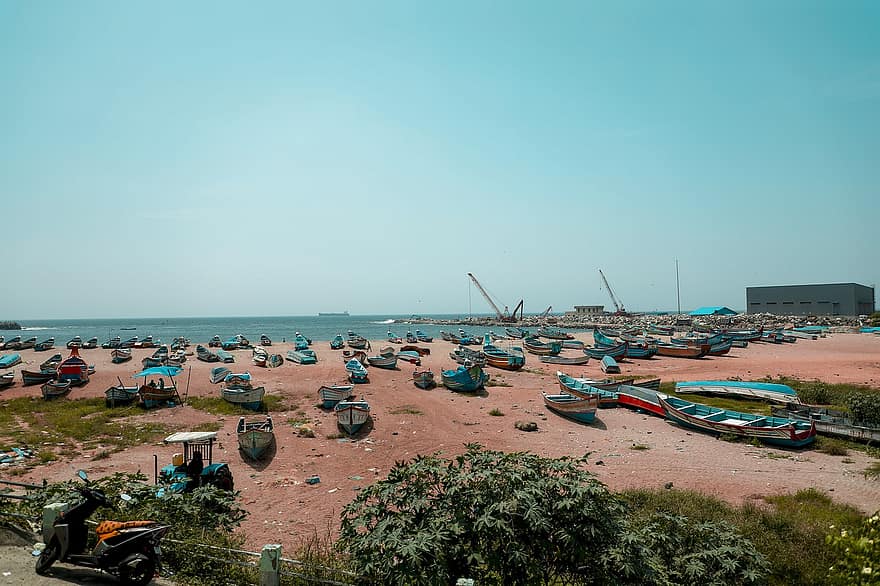 пляж, лодки, порт, море, Тривандрум, Керала, Индия, Порт Вижинджам, Керала Бич, берег, песок