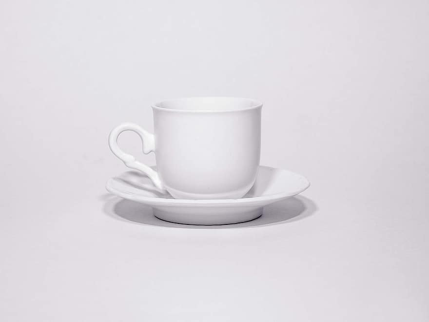 šálek čaje, nádobí, podšálek, bílý šálek, pohár