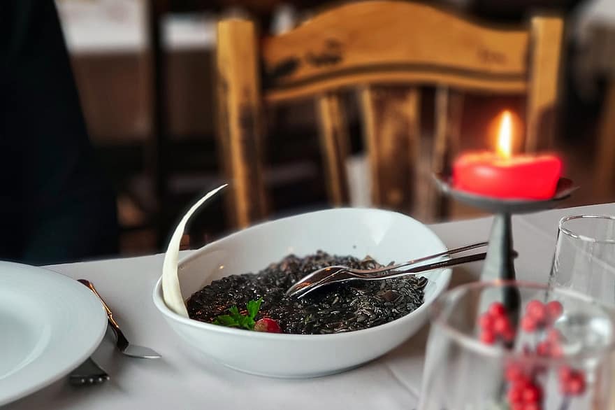 Risotto Rice, Black Risotto, Rice, Risotto, Food, Meal, Dish, Candle, Red Candle, Love, Romance