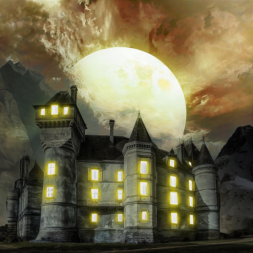 замък, нощ, луна, пълнолуние, нощно време, обитаван от духове, лунна светлина, сцена, пейзаж, фантазия, архитектура