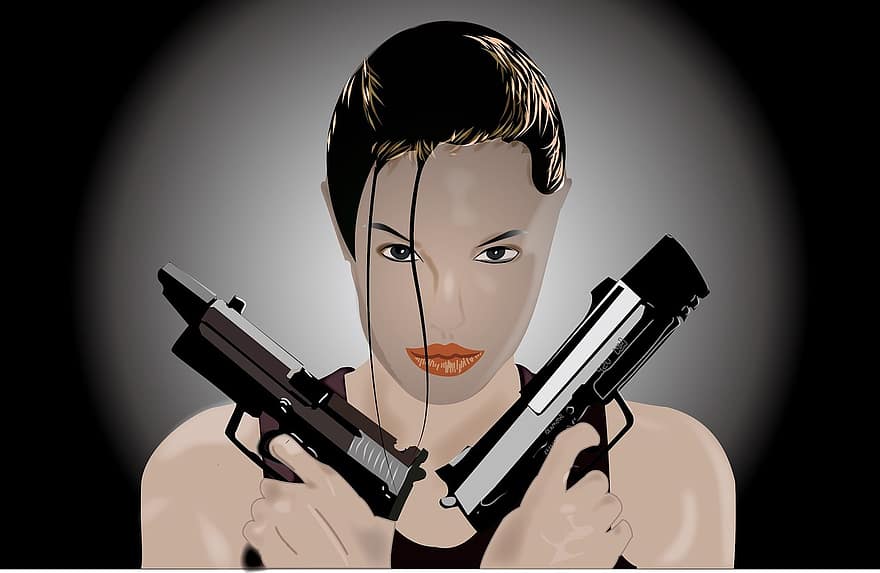 hrob raider, plakát, žena, zbraně, Angelina Jolie