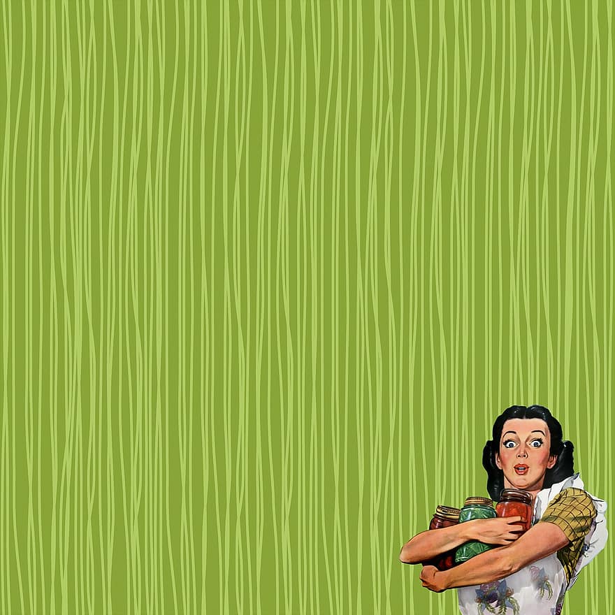 moteris, namų šeimininkė, retro, skaitmeninis popierius, žalias fonas, derliaus, „scrapbooking“, iškarpų albumas