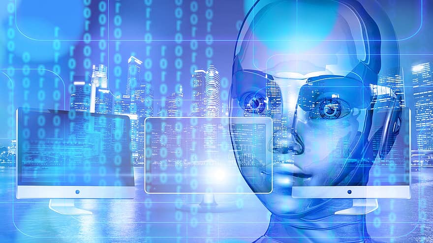 kunstmatig, intelligentie-, robot, binair, stad, rekenmachine, industrie, toegang, computer virussen, computervirus, bewerker