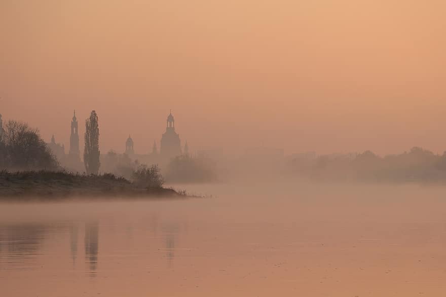 upė, saulėtekis, rūkas, aušra, pobūdį, kraštovaizdį, migla, ryte, Dresden