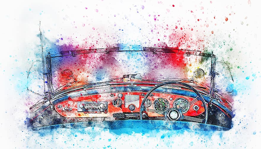 Car, Old Car, Oldtimer, Art, Watercolor, Vintage, Auto, Red, Vehicle, Convertible, Artistic
