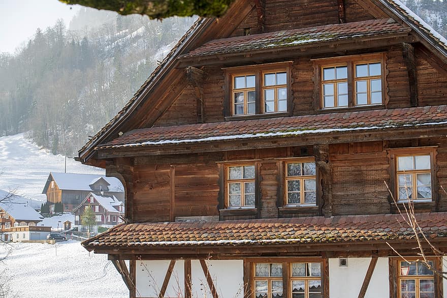 namas, žiemą, kaime, pastogė, mediena, architektūra, stogas, sniegas, kotedžas, pusiau medienos, kultūros