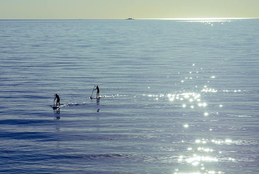 deniz, stand-up raketi, ayaklarını suda oynatma, raket tahtası, paddleboarding, Su, okyanus, siluet, spor