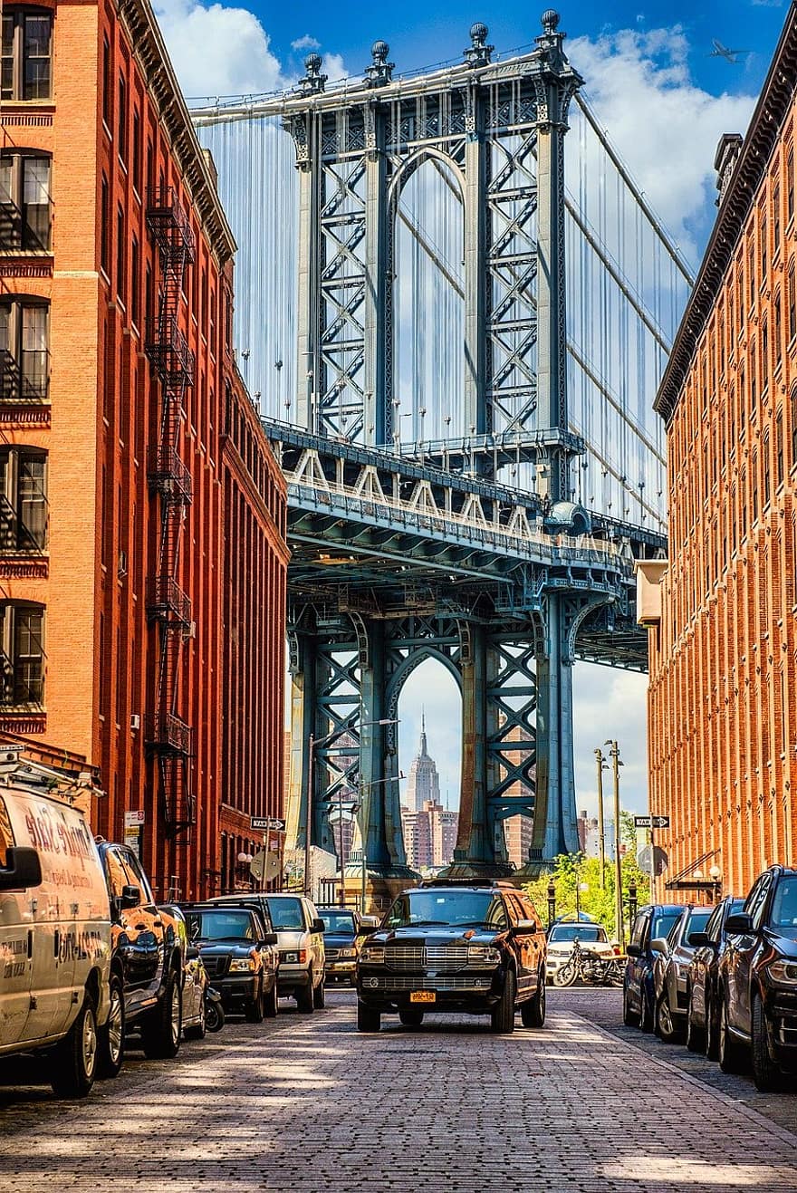 ég, háttér, tapéta, USA, New York, Manhattan, manhattan híd, láthatár, utazás, utca, híres hely