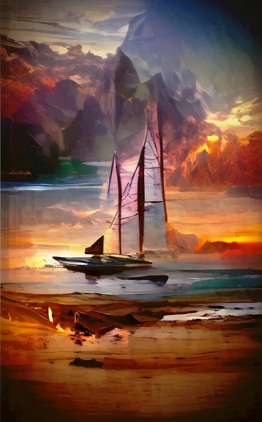 ヨット、海、船、ペインティング、日没、航海船、セーリング、帆船、帆、水、風景