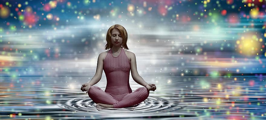 kobieta, joga, medytacja, relaks, wellness, duchowy, dom, bokeh, woda, fale, cząstki
