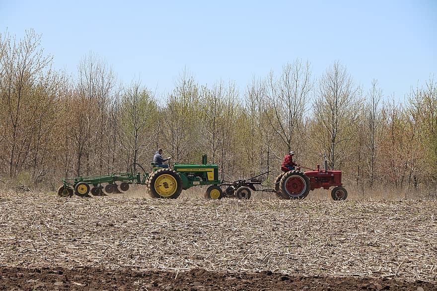 landmænd, traktorer, plove, pløjning, John Deere, antik, landbrug