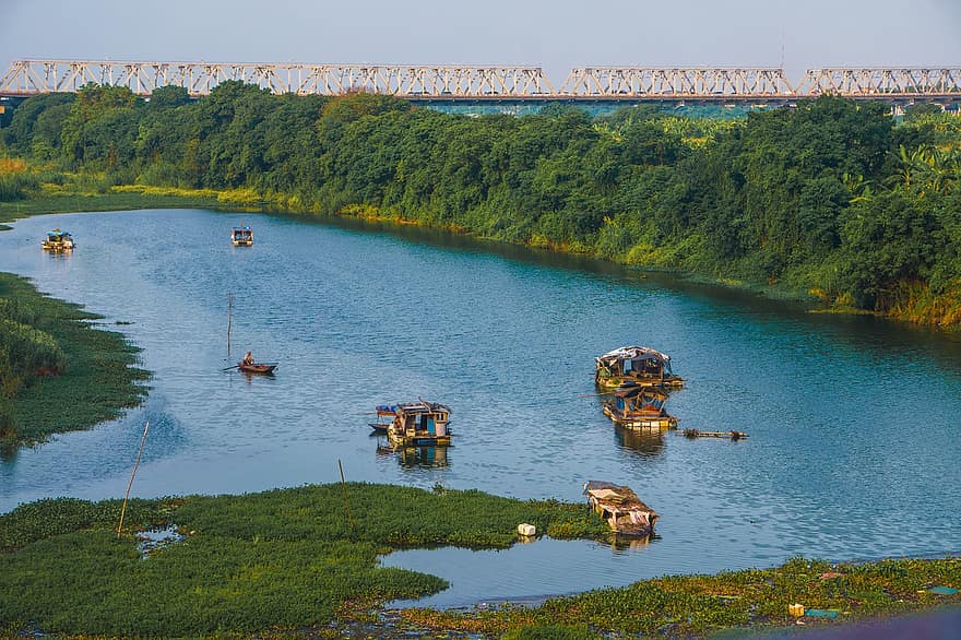 река, Средний пляж, рыболовное судно, длинный мост Бьен, Вьетнам