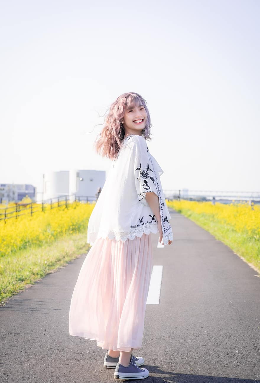 женщина, Япония, парк, портрет, счастливый, улыбается