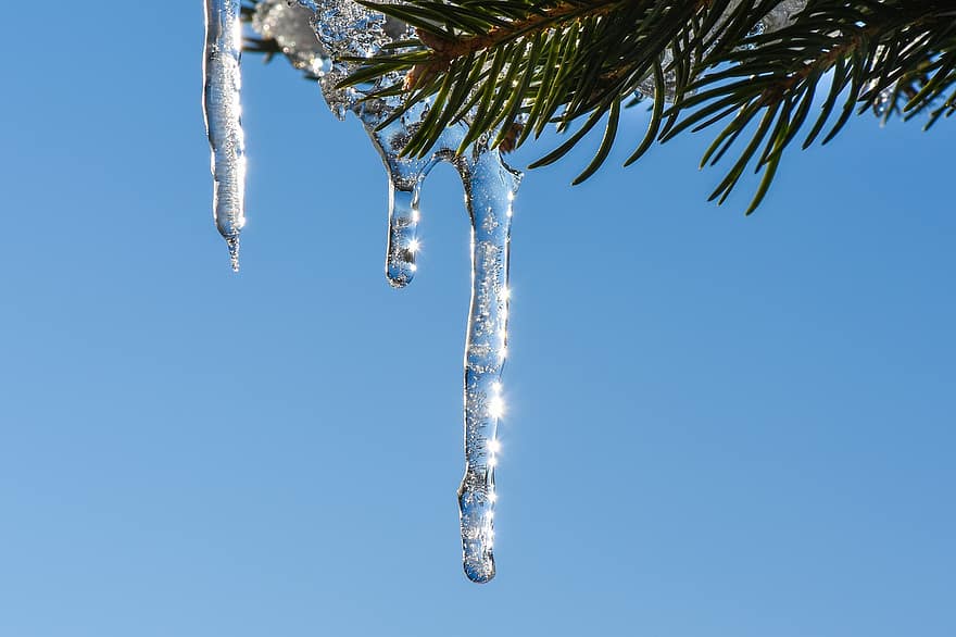 stalactite, gel, des cristaux, goutte d'eau, hiver, congelé, réflexion, transparent