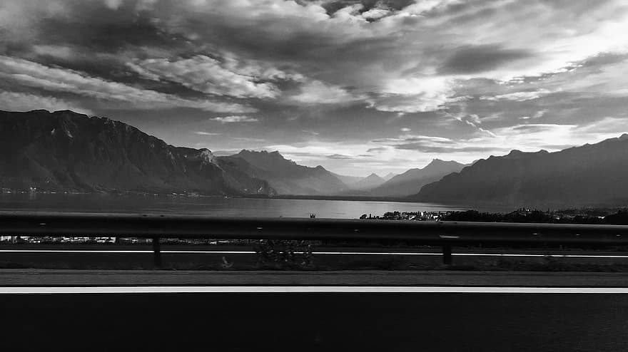 llac, muntanyes, suïssa, montreux, carretera, muntanya, paisatge, blanc i negre, viatjar, Serra, núvol