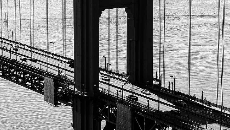 pod Golden Gate, drum, mare, monocrom, pod, trafic, vehicule, dafin, ocean, apă, zona de golf