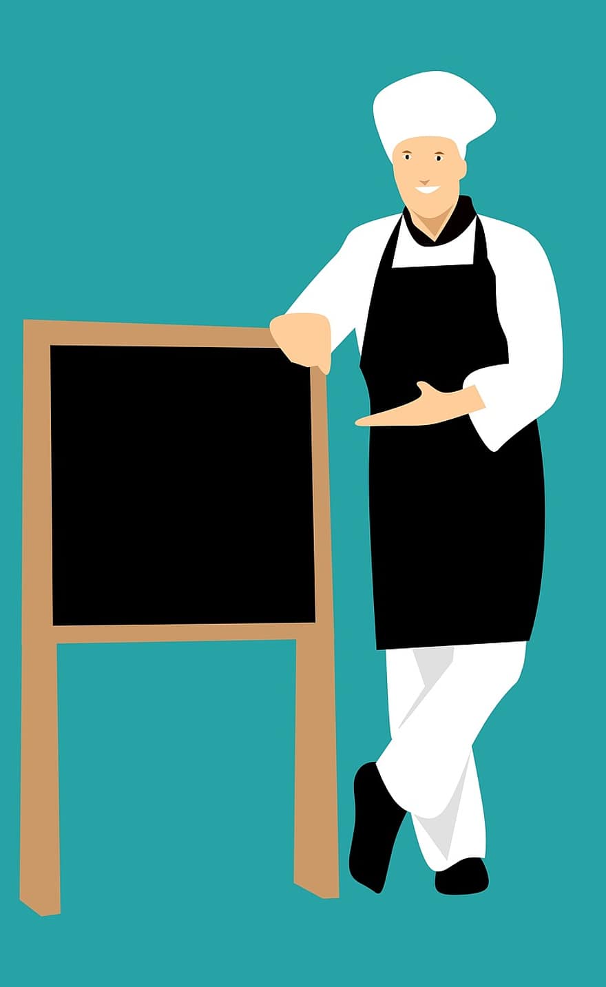 шеф-кухар, ідея, ресторан, показ, білий, стоячи, робочий одяг, маркетинг, людина, меню, плакат