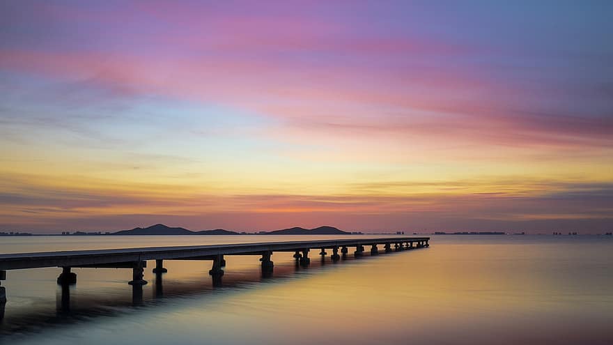 solnedgang, landskab, himmel, skyer, hav, ocean, sø, mole, boardwalk, strand, Cartagena