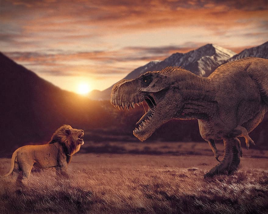 dinosaurus, matahari terbenam, singa, pertarungan, hewan, dino, jurassic, fantasi, langit, sinar matahari, Tyrannosaurus rex