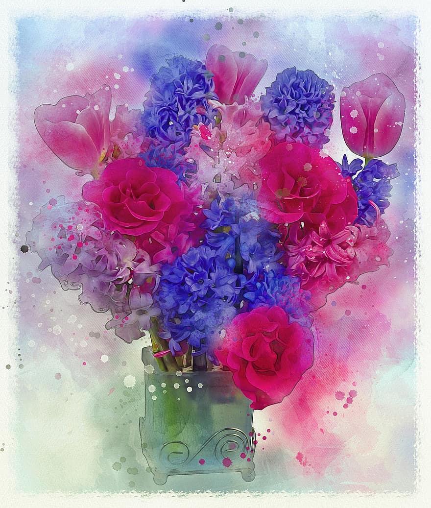 rosa, hiazint, tulipa, blau, vermell, flors, plantes, decoració, gerro, pintura digital, manipulació