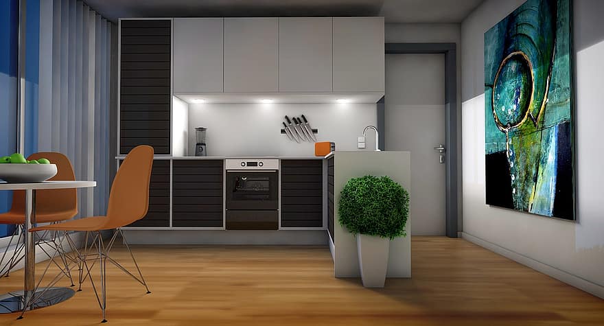 køkken, stue, lejlighed, grafisk, rendering, arkitektur, visualisering, ejendom, 3d, design, virtuel