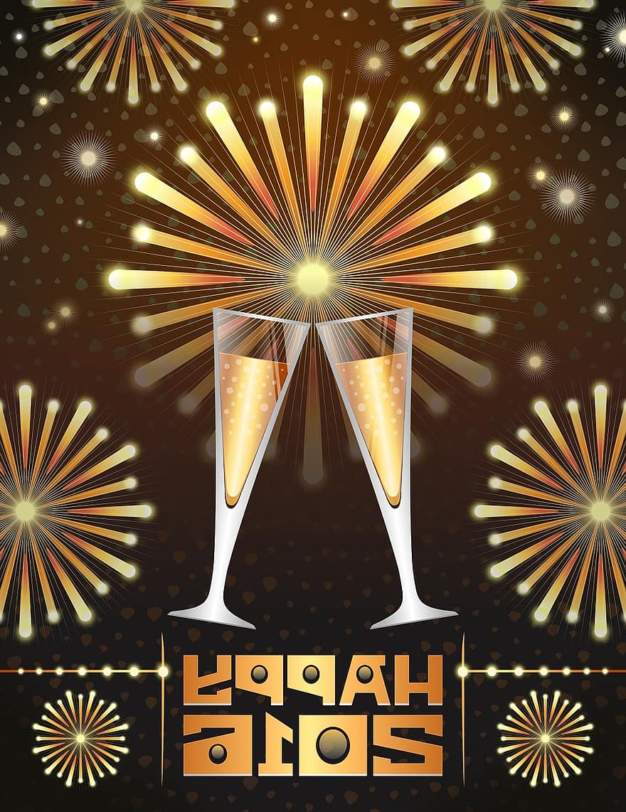 Happy 2016, Card, Happy New Year Card, Year, Fireworks, Champagne, Glass, Celebration, Design, Greeting, Gold