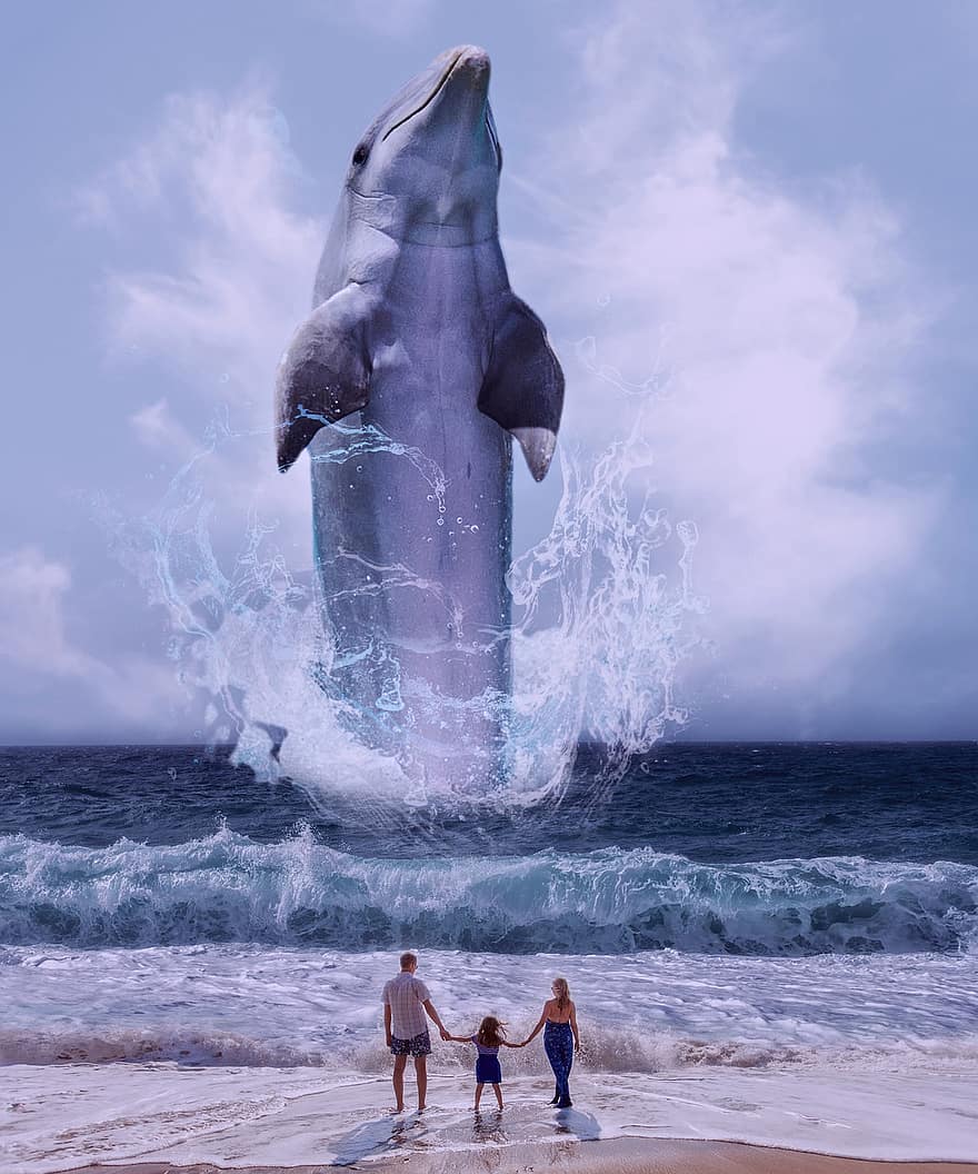 Гигантский дельфин, пляж, люди, природа, океан, облака, небо, волна, фотомонтаж, сюрреалистичный, синий