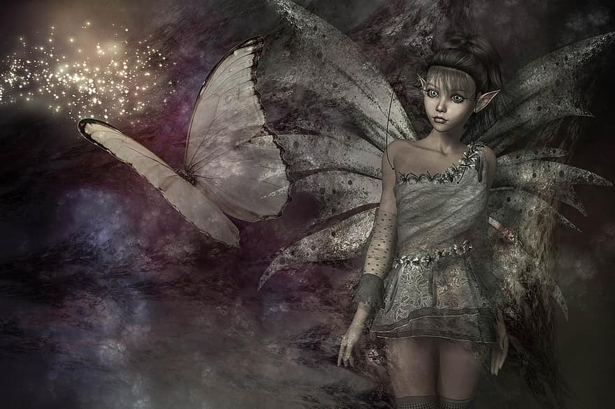 fantasia, elf, papallona, llum, Fractal, femella, composició, tapa de llibre, retrat de fantasia
