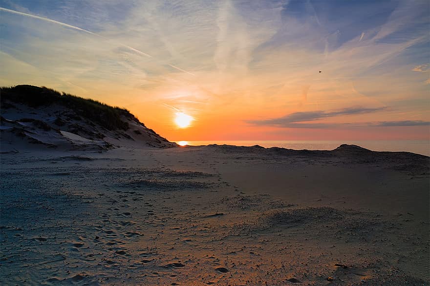 platja, sorra, posta de sol, dunes de sorra, vespre, sol, cel, crepuscle, dunes, herba de platja, Holanda
