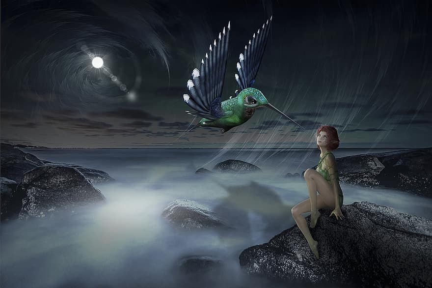 manipulace, kolibřík, Elf Fairy, Mořská obloha oceán, krajina